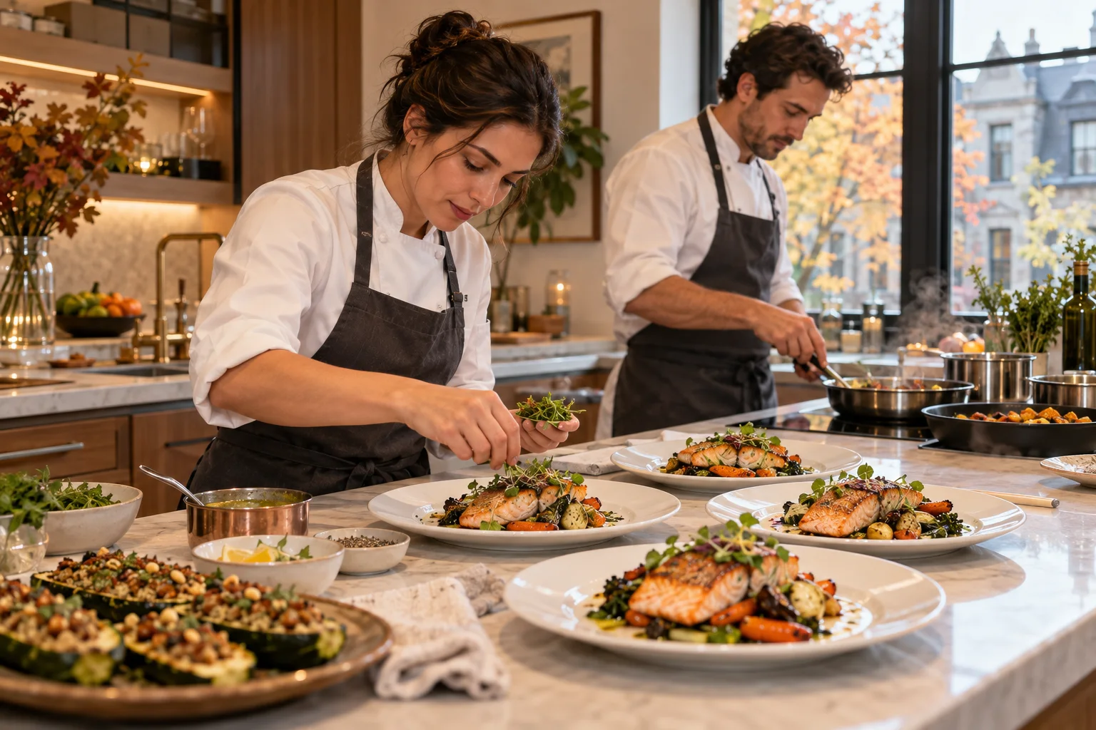 Deux chefs préparant et dressant des plats dans une cuisine résidentielle d’inspiration montréalaise