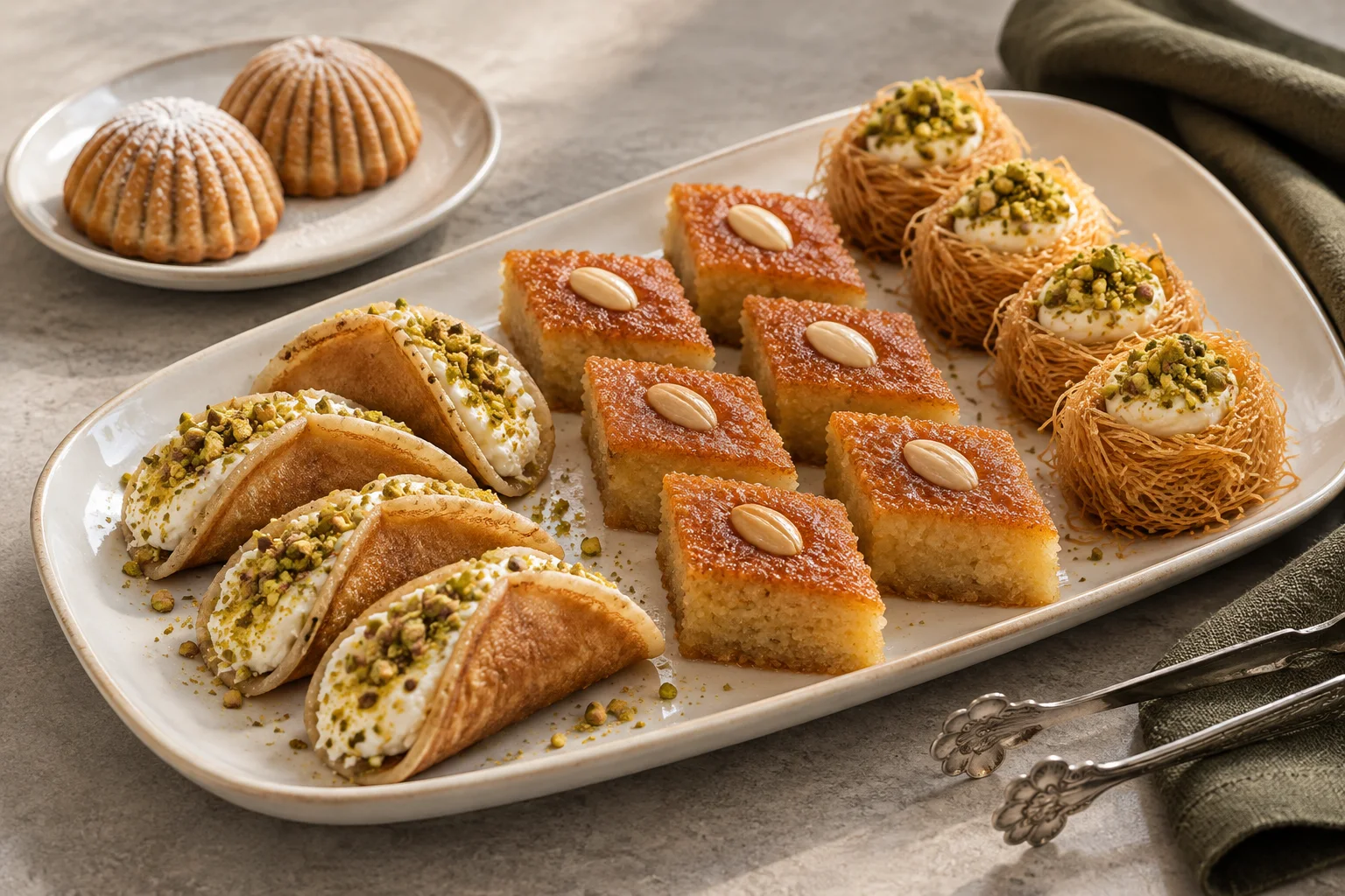 Atayef à la crème, namoura aux amandes et osmaliyeh aux pistaches
