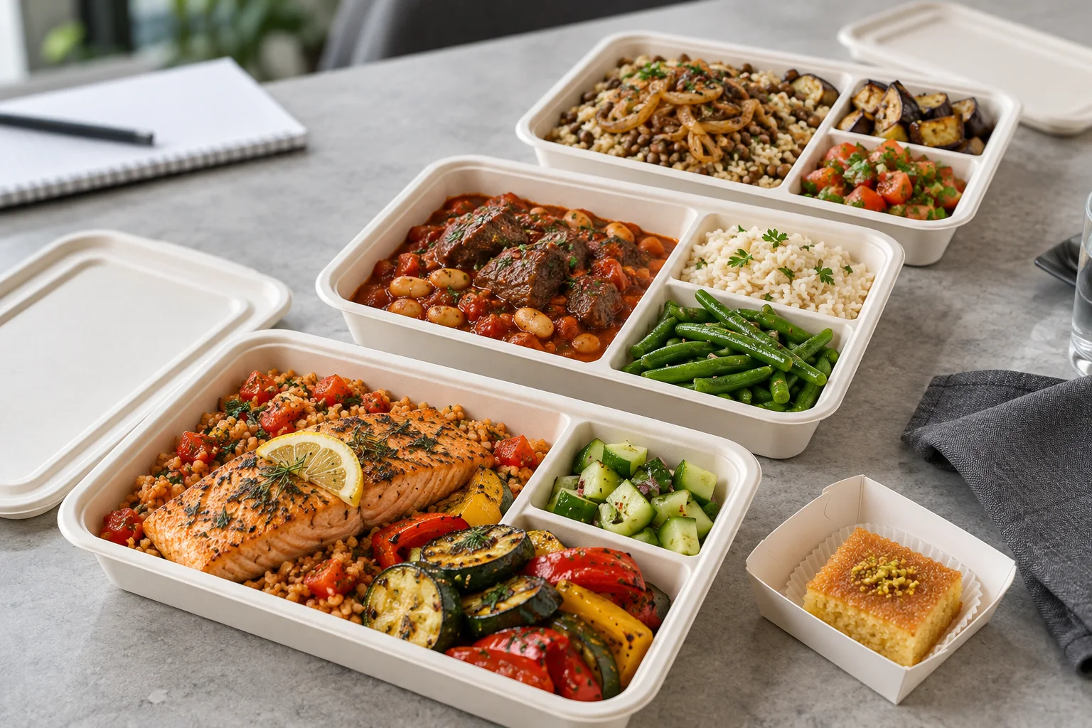 Boîtes-repas ivoire au saumon, à la fassoulia et au mjadara