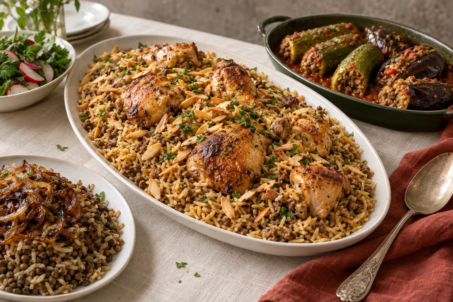 Riz au poulet, légumes farcis et mjadara sur une table méditerranéenne