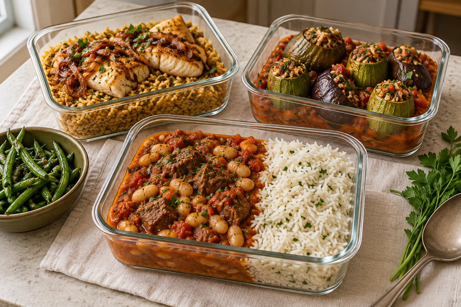 Repas préparés en contenants de verre : fassoulia, siyadiyé et légumes farcis